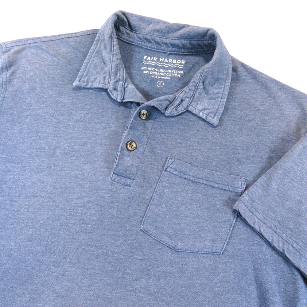 Fair Harbor Mens Polo Shirt L Blue Recycled Polyester Cotton Pocket Short Sleeve